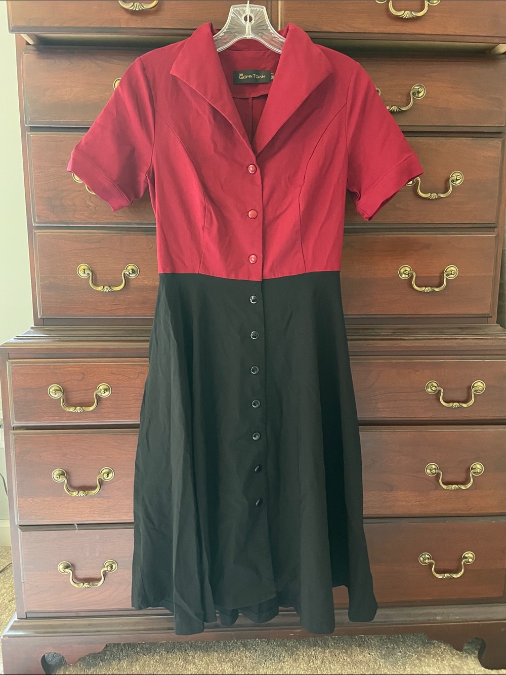 Rockabilly Swing Dance Two-Tone Red and Black Button-Front Midi Dress